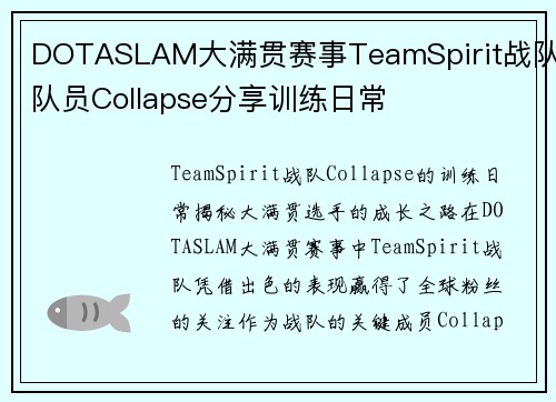 DOTASLAM大满贯赛事TeamSpirit战队队员Collapse分享训练日常